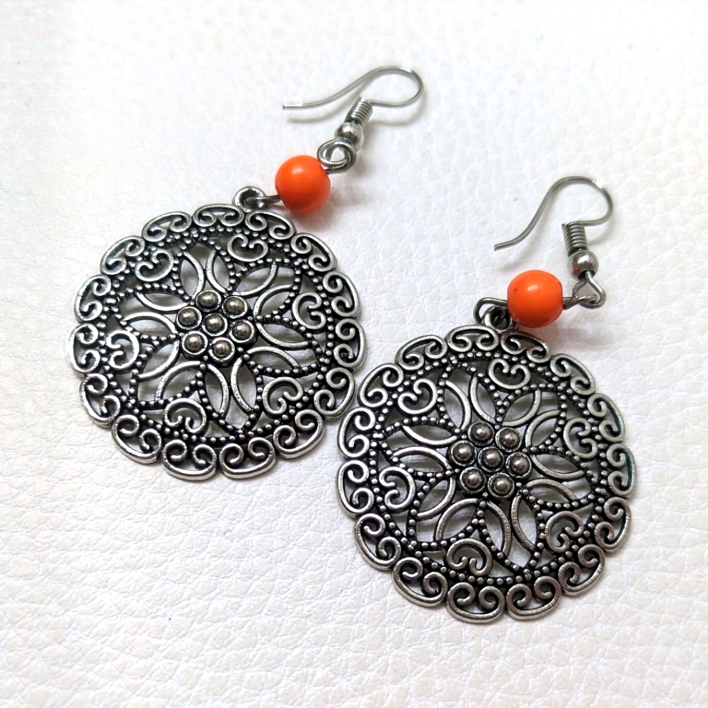Round Floral Orange Bead Dangle Earrings